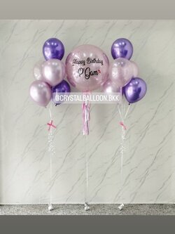 ลูกโป่ง วันเกิด Bubble ขนาด 24" กลิตเตอร์สีชมพู 1 ลูก พร้อม ช่อลูกโป่งสีโครเมี่ยม ช่อ 5 ลูก 2 ช่อ พร้อมตกแต่ง สามารถเปลี่ยนสีลูกโป่ง/เปลี่ยนข้อความ/เปลี่ยนขนาดได้