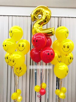 ลูกโป่ง วันเกิดเด็กชาย/เด็กหญิง ลูกโป่ง Emoji หน้ายิ้ม สีเหลือง-แดง 3 ช่อ พร้อมตกแต่ง ฟอยล์ตัวเลข สามารถเปลี่ยนสีลูกโป่ง/เปลี่ยนสี-ฟอยล์ตัวเลขได้