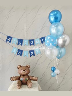 ลูกโป่ง Welcome Baby ช่อลูกโป่ง ธีมสีฟ้า-ลายจุด ช่อ 7 ลูก 1 ช่อ พร้อม ป้ายธง 12 แผ่น,ฟอยล์หมี สีน้ำตาลเข้ม Happy นั่ง 1 ชิ้น พร้อมตกแต่ง สามารถเปลี่ยนสีลูกโป่ง/เปลี่ยนข้อความ/เปลี่ยนสี-ป้ายธง/เปลี่ยนฟอยล์ตกแต่งได้