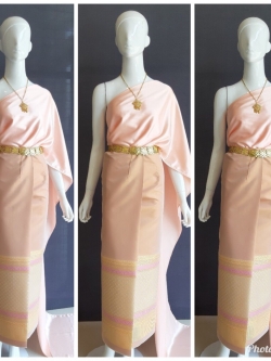 เช่า ชุดไทย ชุดเพื่อนเจ้าสาว ชุดไทยผ้าซิ่นสีส้มอ่อน สไบเรียบสีโอรส