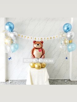 ลูกโป่ง วันเกิดเด็ก ช่อลูกโป่งสีโครเมี่ยม ช่อ 7 ลูก 2 ช่อ พร้อม ฟอยล์หมีนั่ง สีน้ำตาล ตั้งฐาน 1 ชิ้น,ป้ายธง Happy Birthday 1 ชิ้น พร้อมตกแต่ง สามารถเปลี่ยนสีลูกโป่ง/เปลี่ยนสี-ป้ายธง/เปลี่ยนฟอยล์ตกแต่งได้