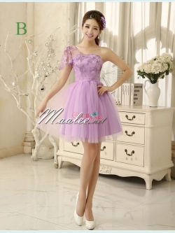 พร้อมเช่า ชุดราตรีสั้น ชุดเพื่อนเจ้าสาว ไหล่เดียว สีม่วง Purple Pp-001B