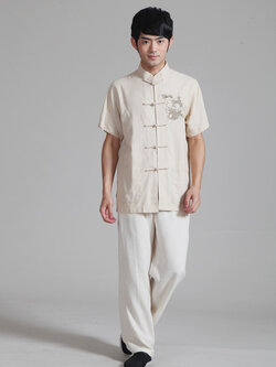 Pre-order ชุดจีน เสื้อจีนชาย แขนสั้น ผ้าฝ้าย สีครีม ปักลายมังกร