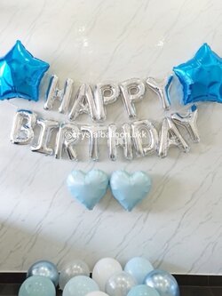 ลูกโป่ง วันเกิด ฟอยล์ตัวอักษร ติดผนัง ฟอยล์ตัวอักษร Happy Birthday ขนาด 16" สีเงิน 1 ชิ้น พร้อม ฟอยล์ดาว ขนาด 24" 2 ชิ้น,ฟอยล์หัวใจ ขนาด 18" 2 ชิ้น พร้อม ลูกโป่งโปรยพื้น 10 ลูก พร้อมตกแต่ง สามารถเปลี่ยนสีลูกโป่ง/เปลี่ยนสี-ฟอยล์ตกแต่งได้
