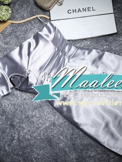 พร้อมเช่า ชุดราตรี สีเทา บ่าเฉียง ทรงเข้ารูป แต่งโบว์ที่ไหล่ (ซิปหลัง)