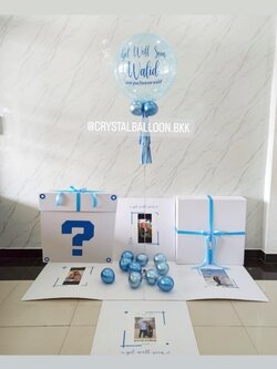 ลูกโป่ง เยี่ยมไข้ แบบกล่อง Bubble ขนาด 24" กลิตเตอร์สีฟ้า พร้อมตกแต่ง สามารถใส่รูปได้ 4 ใบ สามารถเปลี่ยนสีลูกโป่ง/เปลี่ยนข้อความได้