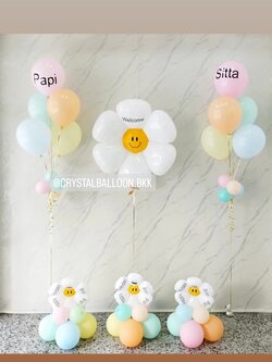 ลูกโป่ง วันเกิด ฟอยล์ดอกเดซี่จิ๋ว ตั้งฐาน 3 ชิ้น พร้อม ฟอยล์ดอกเดซี่ ตั้งเดี่ยว 1 ชิ้น,ช่อลูกโป่ง ช่อ 5 ลูก 2 ช่อ Theme สีพาสเทล พร้อมตกแต่ง สามารถเปลี่ยนสีลูกโป่ง/เปลี่ยนข้อความ/เปลี่ยนฟอยล์ตกแต่งได้