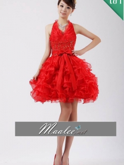 พร้อมเช่า ชุดแฟนซี เช่า 500 ชุดราตรีสั้น สีแดง คล้องคอ กระโปรงระบาย ทรงฟูสวย