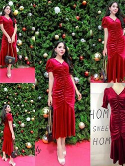 พร้อมส่ง เดรสยาว เดรสสีแดง ทรงหางปลา ใส่แล้วสวยหุ่นเพรียว เดรสคริสมาส