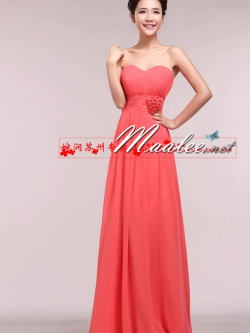 พร้อมเช่า ชุดราตรียาว แบบเกาะอก ผ้าชีฟอง ช่วงอกอัดพลีท แต่งดอกที่เอว สีโอโรส