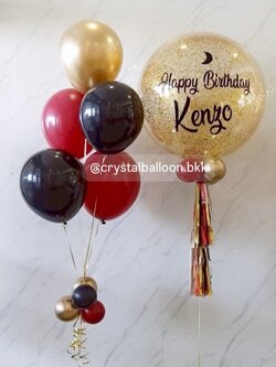 ลูกโป่งวันเกิด Bubble ขนาด 24" กลิตเตอร์สีทอง พร้อมลูกโป่งช่อ 5 ลูก 1 ช่อ Theme แดง - ดำ - ทอง พร้อมตกแต่ง สามารถเปลี่ยนสีลูกโป่ง/้เปลี่ยนข้อความ/เปลี่ยนขนาดลูกโป่งได้