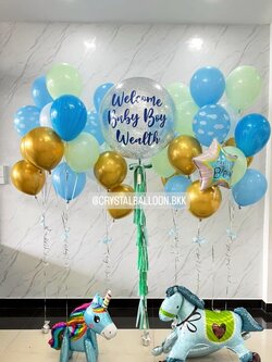 ลูกโป่ง Welcome Baby Boy Bubble ขนาด 36" พร้อมตกแต่ง ช่อลูกโป่ง 6 ช่อ,ลูกโป่งลายหิน USA,ฟอยล์ Unicorn ตั้งพื้น 1 ชิ้น,ฟอยล์ม้าโยกใหญ่ 1 ชิ้น สามารถเปลี่ยนสีลูกโป่ง/เปลี่ยนข้อความ/เปลี่ยนสี-ฟอยล์ได้