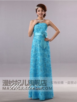 พร้อมเช่า ชุดราตรียาว เกาะอก สีฟ้า ลูกไม้ริบบิ้นปักเลื่อม ทรงหางปลาพร้อมโบว์คาดเอว