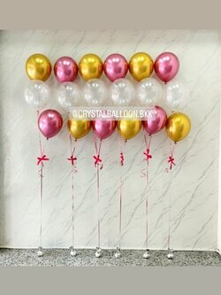 ลูกโป่ง อำลา ช่อลูกโป่ง ช่อ 3 ลูก 6 ช่อ Theme ทองโครเมี่ยม-ชมพูแชมเปญโครเมี่ยม พร้อมตกแต่ง สามารถเปลี่ยนสีลูกโป่งได้