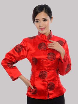 Pre-order เสื้อคอจีน ผู้หญิง ผ้าไหมจีน ทอลาย แขนยาว สีแดง/ดำ