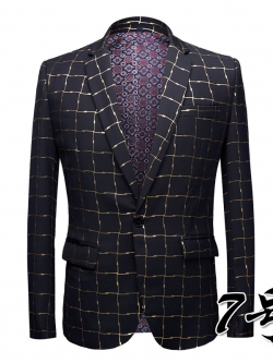 Pre-order เสื้อสูทชาย พิมพ์ลายเส้นสีทองตาราง ** เฉพาะเสื้อ**