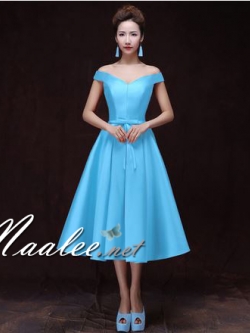 พร้อมเช่า ชุดราตรีสั้น แบบไหล่ปาด อกSweet Heart สไตล์วินเทจผ้าไหมดัชเชส กระโปรงทรงA 5ส่วน แต่งโบว์ ช่วงเอว สีฟ้า (เชือกผูกหลัง)