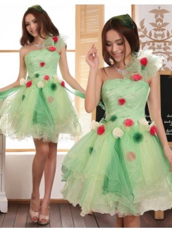 พร้อมส่ง ชุดแฟนซี ชุดราตรีสั้น สีเขียว/เหลือง แต่งดอกไม้หลากสี ชายหยัก ฟูสวย