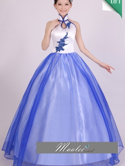 พร้อมเช่า ชุดแฟนซี ชุดราตรียาว ชุดจีน กี่เพ้า สีขาว น้ำเงิน แบบเก๋