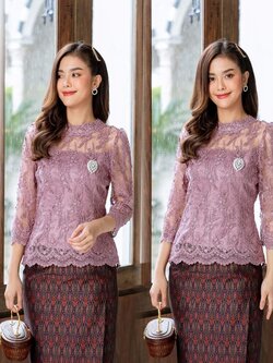 Pro-order ชุดเช่า ชุดไทยคุณแม่ เสื้อลูกไม้สีกะปิ คอปีน ผ้าซิ่น แยกชิ้น เรียบหรู **สามารถเลือกเปลี่ยนกระโปรงแบบที่ต้องการได้**