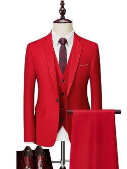 พร้อมเช่า ชุดสูทชาย สีแดง คลาสสิก รุ่นกระดุมเดียว ทรงสลิม (พร้อมเสื้อกั๊ก)