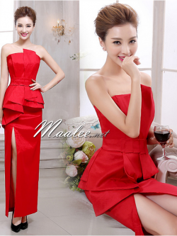 พร้อมเช่า ชุดราตรียาว เกาะอก สีแดง สวยหรู