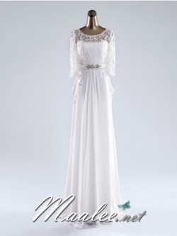 พร้อมเช่า ชุดราตรียาว สีขาว แขนสามส่วน แต่งลูกไม้ จับเดรปทรงนาฬิกาทราย (L - 3XL)