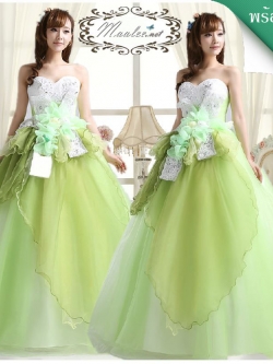 พร้อมเช่า ชุดแฟนซี ชุดราตรียาว เกาะอก สีเขียว ขาว Pastel แต่งผ้าแก้ว ช่อดอกไม้