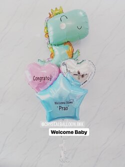 ลูกโป่ง Welcome Baby Theme ไดโนเสาร์ ตัวใหญ่ สีเขียว Anagram พร้อมตกแต่ง ฟอยล์ดาว ขนาด 24" 1 ชิ้น ฟอยล์หัวใจ ขนาด18" 2 ชิ้น สามารถเปลี่ยนสีลูกโป่ง/เปลี่ยนฟอยล์การ์ตูน/เปลี่ยนตกแต่งได้