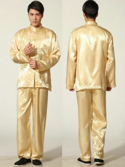 Pre-order ชุดจีน ชาย เสื้อพร้อมกางเกง สีทอง ปักลายมังกร
