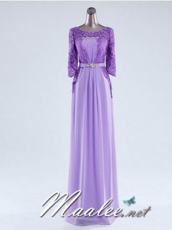 พร้อมเช่า ชุดราตรียาว สีม่วง แขนสามส่วน แต่งลูกไม้ จับเดรปทรงนาฬิกาทราย (L - 3XL)