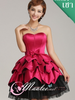 พร้อมเช่า ชุดแฟนซี ชุดราตรีสั้น เกาะอก แต่งเพชรช่วงอก กระโปรงทรงบอลลูน สีชมพู ดำ