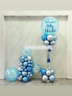 เสาลูกโป่ง Welcome Baby Bubble ขนาด 36" กลิตเตอร์สีฟ้า 1 ลูก พร้อม ลูกโป่งฐานตั้งประดับ 1 ข้าง พร้อมตกแต่ง สามารถเปลี่ยนสีลูกโป่ง/เปลี่ยนข้อความได้