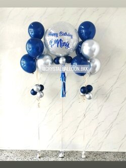 ลูกโป่ง วันเกิด Bubble ขนาด 24" กลิตเตอรืสีเงิน 1 ลูก พร้อม ช่อลูกโป่ง ช่อ 5 ลูก 2 ช่อ Theme สี Dark Blue-เงินโครเมี่ยม พร้อมตกแต่ง สามารถเปลี่ยนสีลูกโป่ง/เปลี่ยนข้อความ/เปลี่ยนขนาดได้