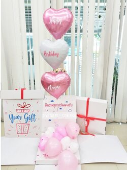 Surprise Box กล่องเซอร์ไพรส์วันเกิด ลูกโป่งฟอยล์หัวใจ ขนาด 18" 3 ชิ้น โทนสีชมพู-สีขาว พร้อมตกแต่ง สามารถใส่รูปได้ 2 ใบ สามารถเปลี่ยนสีลูกโป่ง/เปลี่ยนข้อความได้