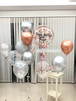 ลูกโป่ง วันเกิด Bubble ขนาด 24" สีโรสโกล พร้อม ช่อลูกโป่ง 1 ช่อ,ลูกโป่งใส ใส่ Confetti,ลูกโป่ง ตั้งวางเดี่ยว 6 ลูก พร้อมตกเเต่ง สามารถเปลี่ยนสีลูกโป่ง/เปลี่ยนข้อความ/เปลี่ยนขนาดได้