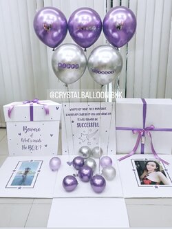 Happy Birthday Surprise Box กล่องเซอร์ไพรส์วันเกิด Theme สีม่วง-เงิน พร้อมตกแต่ง สามารถใส่รูปได้ 2 ใบ สามารถเปลี่ยนสีลูกโป่ง/เปลี่ยนข้อความได้