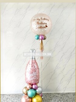 ลูกโป่ง วันเกิด Bubble ขนาด 24" กลิตเตอร์แชมเปญ 1 ลูก พร้อม ฟอยล์ขวดไวน์ ตั้งฐาน 1 ชิ้น พร้อมตกแต่ง สามารถเปลี่ยนสีลูกโป่ง/เปลี่ยนข้อความ/เปลี่ยนขนาด/เปลี่ยนฟอยล์ตกแต่งได้
