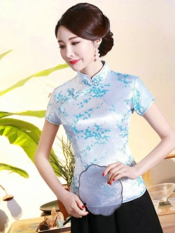 Pre-order เสื้อกี่เพ้า สีฟ้า ลายดอกเหมย ผ้าไหมจีน กุ๊นขอบ ตัดเย็บอย่างดี