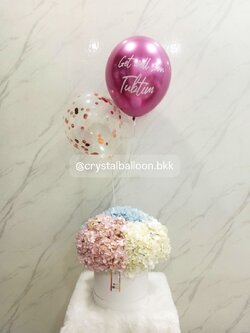 กล่องดอกไม้สด เยี่ยมไข้ ดอกไฮเดรนเยีย 3 ดอก น่ารัก น่ารัก หลากสี พร้อม ลูกโป่ง 2 ลูก,สามารถใส่รูปได้ 1 รูป พร้อมตกแต่ง สามารถเปลี่ยนสีลูกโป่ง/เปลี่ยนข้อความ/เปลี่ยนสี-ดอกไม้ได้