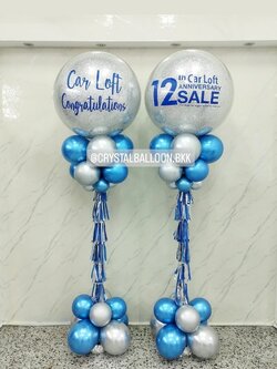 เสาลูกโป่ง เปิดงาน Bubble ขนาด 36" กลิตเตอร์สีเงิน 2 เสา Theme สีน้ำเงินโครเมี่ยม-เงินโครเมี่ยม พร้อมตกแต่ง สามารถเปลี่ยนสีลูกโป่ง/เปลี่ยนข้อความได้