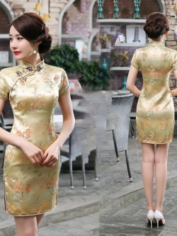 Pre-order กี่เพ้าสั้น สีทอง ลายมังกรนกฟินิกซ์ ผ้าไหมจีน กุ๊นขอบ ตัดเย็บอย่างดี