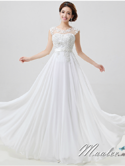 พร้อมเช่า สำหรับสาวไซส์ใหญ่ ชุดราตรียาว สีขาว คอปาด แต่งลูกไม้หรูเซาะดอก ปักลูกปัด