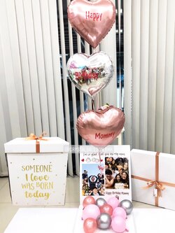 Happy Birthday Surprise Box กล่องเซอร์ไพรส์วันเกิด ลูกโป่งฟอยล์หัวใจ ขนาด 18" 3 ชิ้น สีโรสโกล-สีเงิน พร้อมตกแต่ง สามารถใส่รูปได้ 2 ใบ สามารถเปลี่ยนสีลูกโป่ง/เปลี่ยนข้อความได้