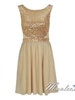 พร้อมส่ง ชุดราตรีสั้น แขนกุด สี Nude แต่งเลื่อมสีชมพู กระโปรงผ้าชีฟอง (เหลือเฉพาะไซส์ XL )