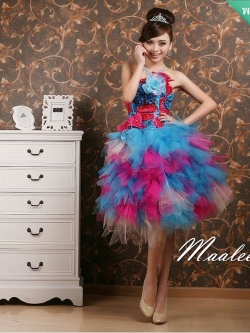 พร้อมเช่า ชุดแฟนซี เช่า 500 ชุดราตรีสั้น เกาะอก ชุดเชียร์ลีดเดอร์ กระโปรงแต่งเป็นชั้นๆ พองสวยมาก