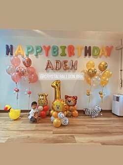 ลูกโป่ง วันเกิดเด็ก Theme Animals พร้อม ฟอยล์ตัวอักษร Happy Birthday,ฟอยล์ตัวอักษร 4 ตัวอักษร,ช่อลูกโป่ง 5 ลูก 4 ช่อ,ฟอยล์สัตว์ตั้งฐาน 3 ตัว,ฟอยล์ตัวเลข ขนาด 40" ตั้งฐาน 1 ตัว,ฟอยล์สัตว์ลากจูง 2 ตัว สามารถเปลี่ยนสีลูกโป่ง/เปลี่ยนฟอยล์ตกแต่งได้