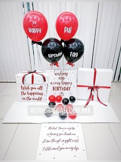 Happy Birthday Surprised Box Theme ดำ - แดง พร้อมตกแต่งลูกโป่ง 4 ลูก,สามมารถใส่รูปได้ 2 รูป สามารถเปลี่ยนสีลูกโป่ง/เปลี่ยนข้อความได้