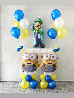 ลูกโป่ง วันเกิดเด็ก ฟอยล์มาริโอ้ 1 ชิ้น พร้อม ฟอยล์มินเนี่ยน ตั้งฐาน 2 ชิ้น,ช่อลูกโป่ง ช่อ 5 ลูก 2 ช่อ พร้อมตกแต่ง สามารถเปลี่ยนสีลูกโป่ง/เปลี่ยนฟอยล์ตกแต่งได้