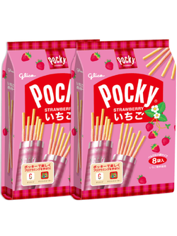 กูลิโกะ บิสกิตแท่งเคลือบช็อกโกแลต รสสตรอเบอร์รี่ Glico pocky strawberry บรรจุ 8 ซอง